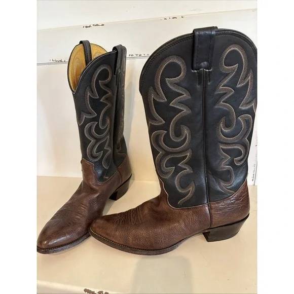 Vtg Nocona Black Brown Leather Western‎ Cowboy Leather Boots Mens SZ 12 B USA